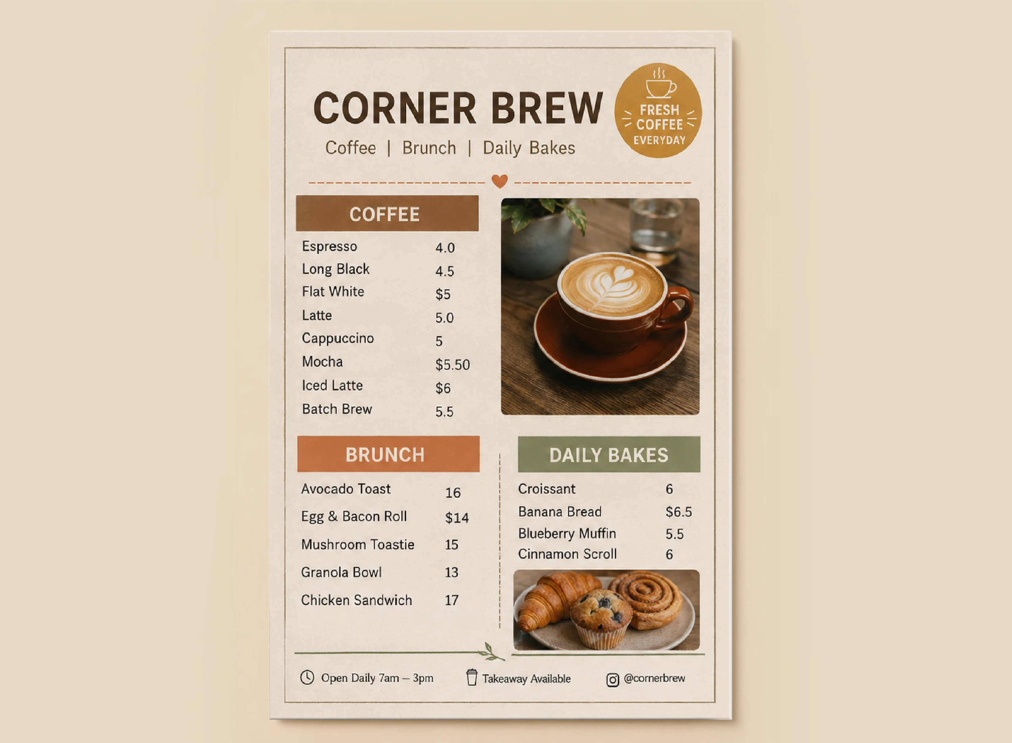 Corner Brew menu before visual review