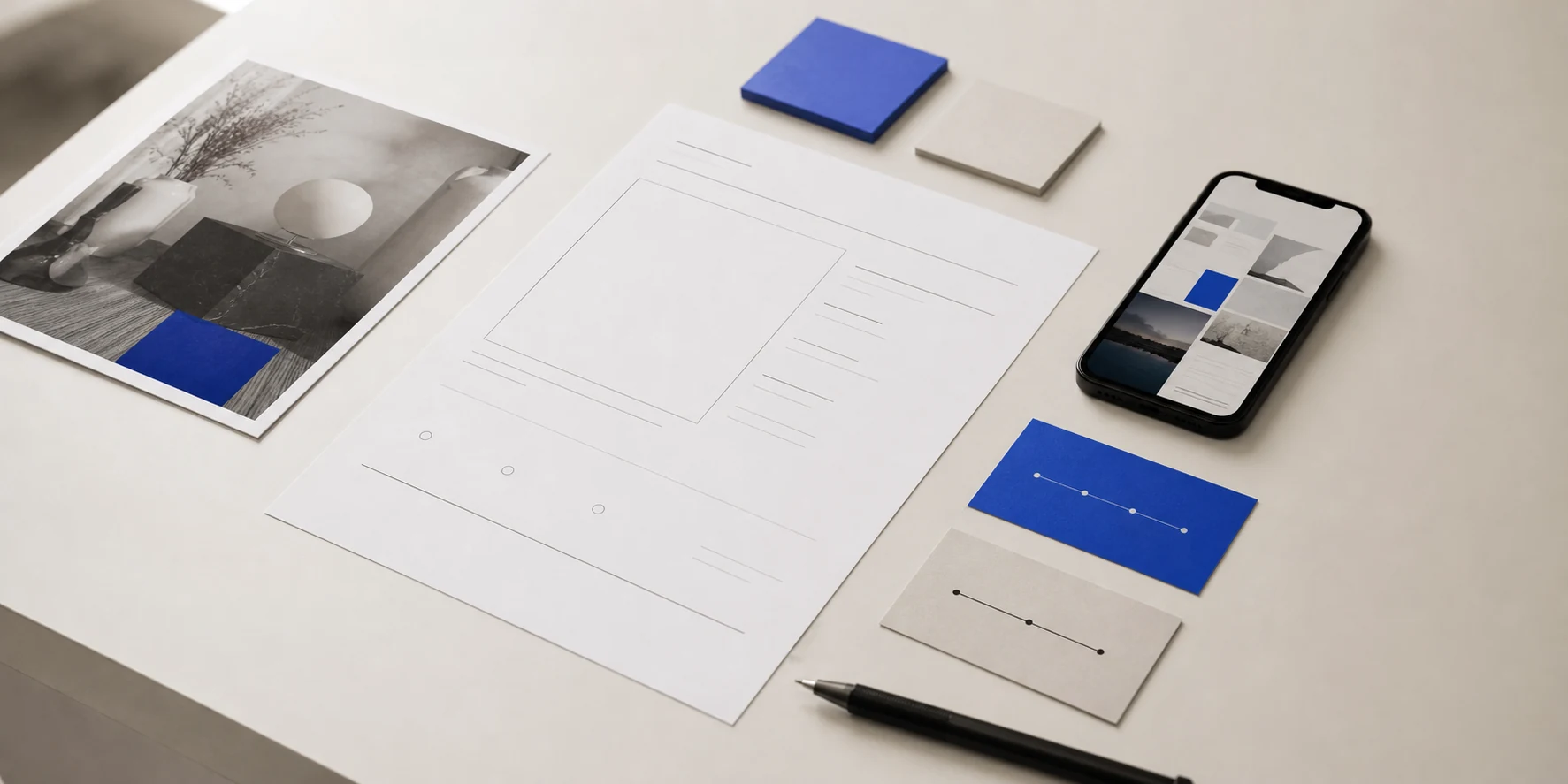 Project brief desk with printed visual asset, phone layout and review materials