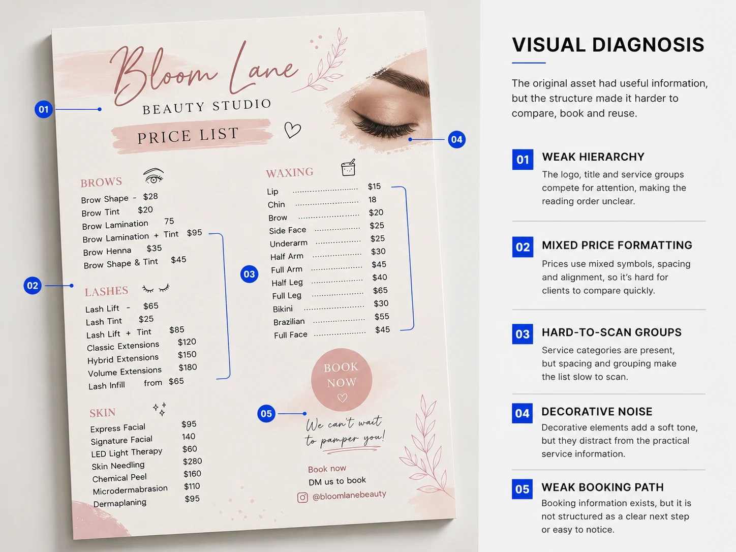 Bloom Lane visual diagnosis overlay identifying hierarchy, price formatting, scanability, decorative noise and booking path issues
