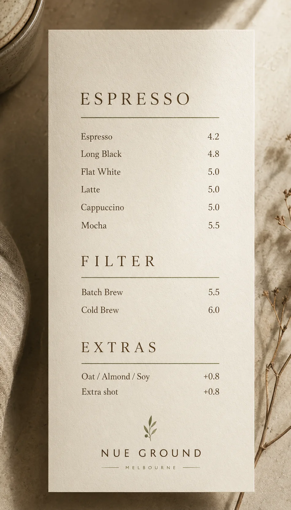 Nue Ground finished espresso menu with espresso, filter and extras sections