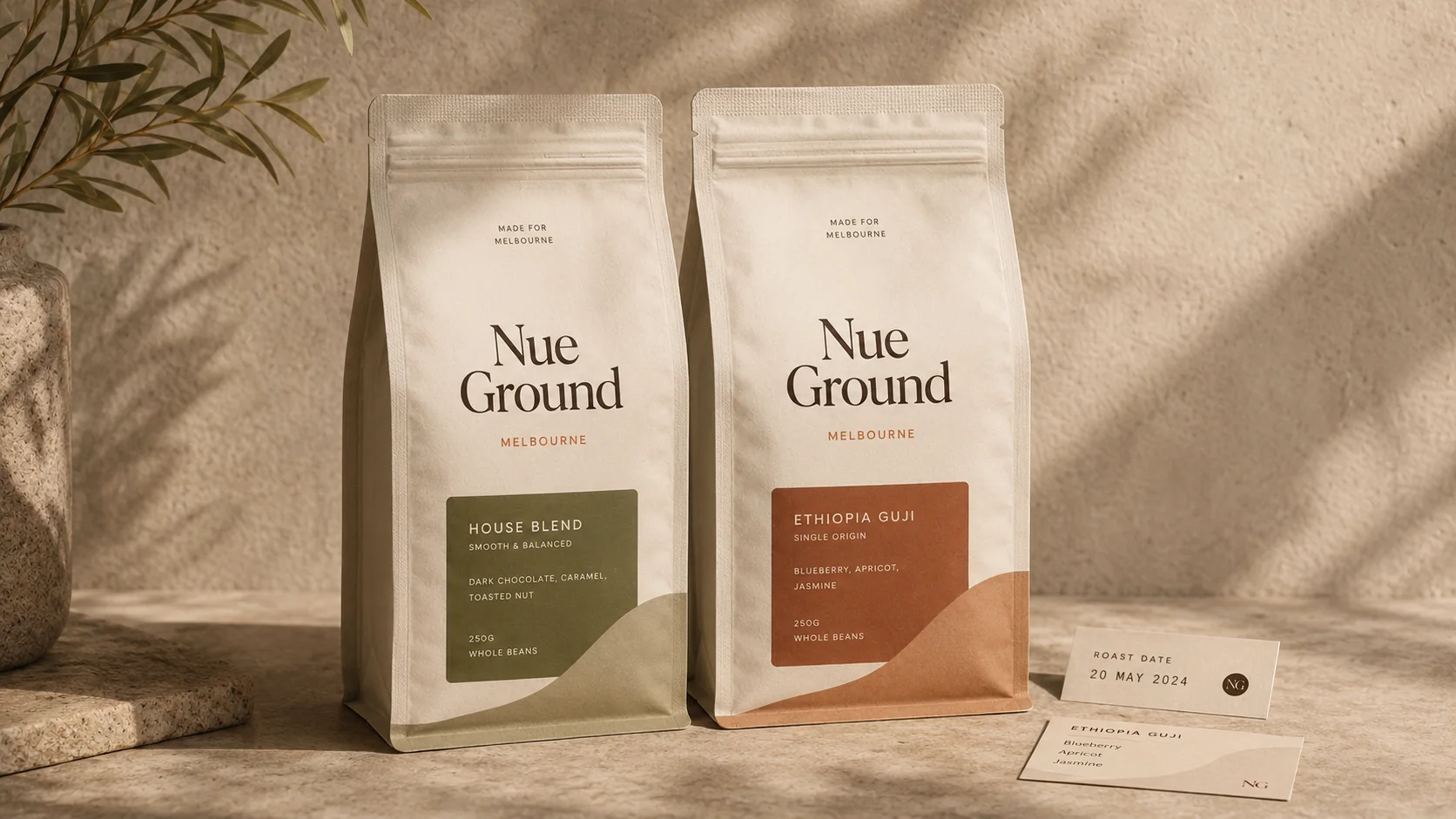 Nue Ground final coffee packaging system with House Blend and Single Origin coffee bags