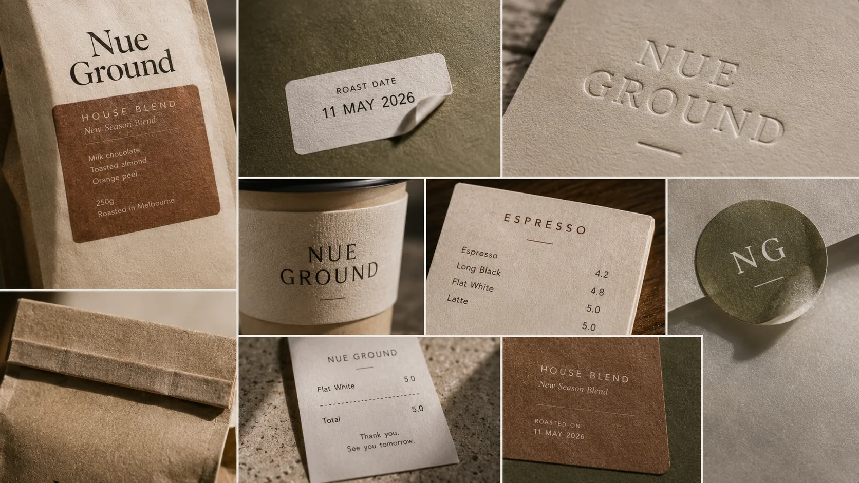 Nue Ground print and production details showing paper grain, label edges, roast date sticker, embossing, cup sleeve texture, menu ink and printed cards