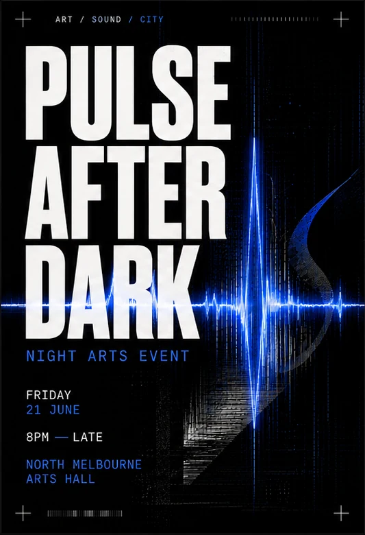 Pulse After Dark announcement poster with event title, date and venue