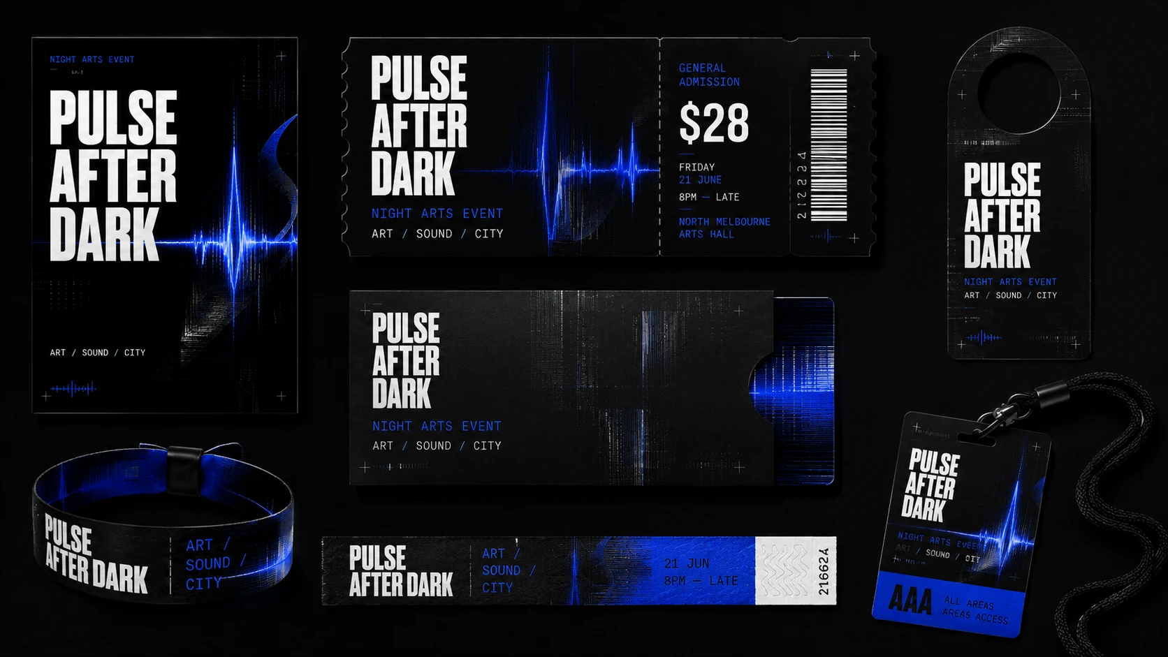 Pulse After Dark tickets, wristband, pass, envelope and event access materials