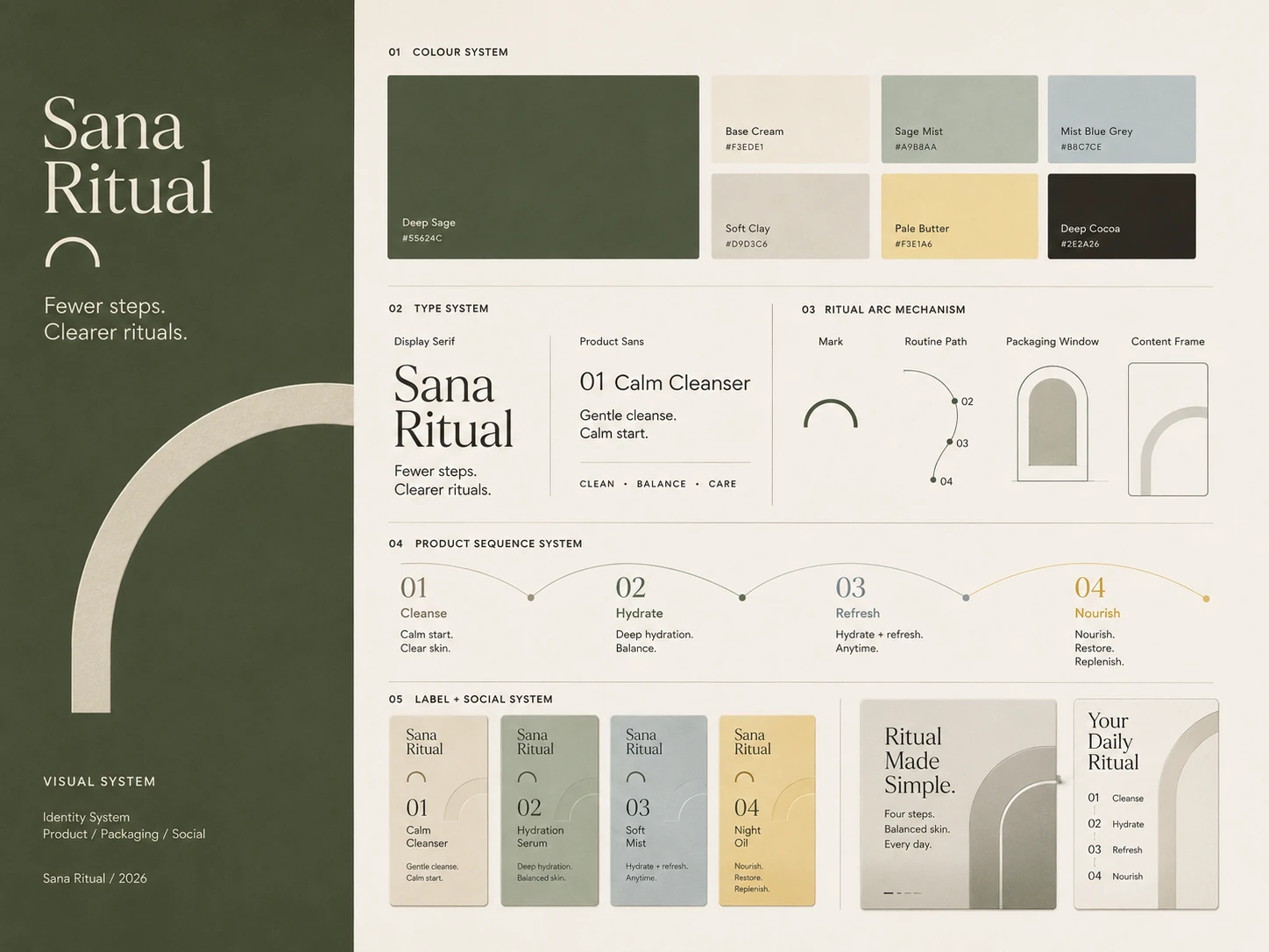 Sana Ritual brand system board showing colour, type, ritual arc mechanism and product sequence